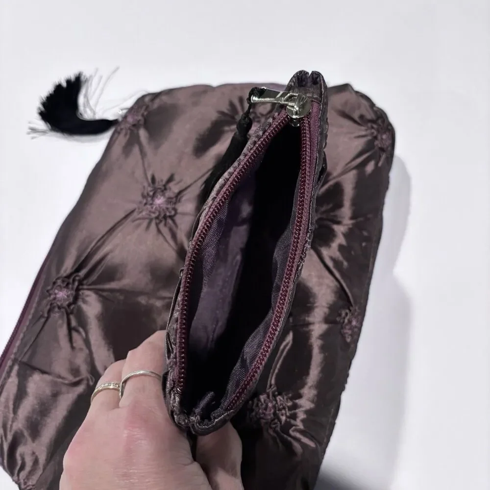 Purple Satin Pintuck Cosmetic Makeup Travel Bag Set 2 Pieces Tassel Zipper NWOT